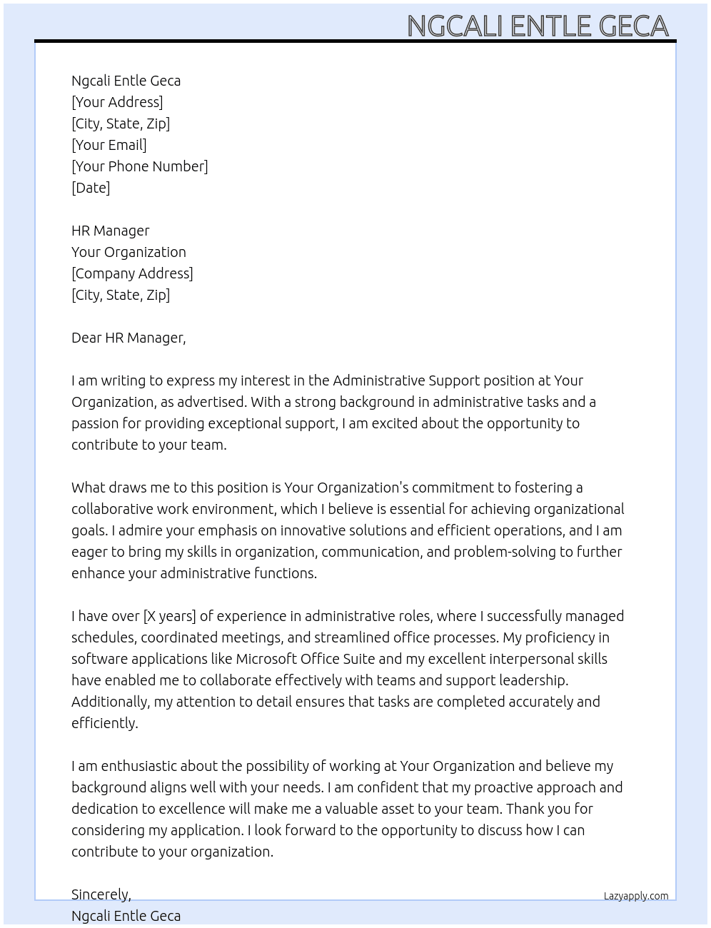 Administrative Support At Your Organization Cover Letter