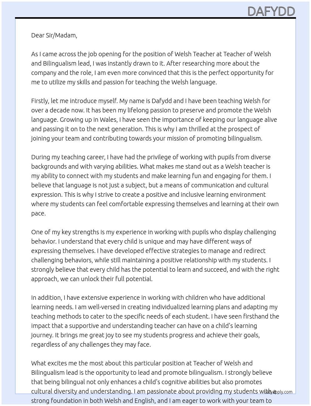 Welsh Teacher At Teacher of Welsh and Bilingualism lead Cover Letter