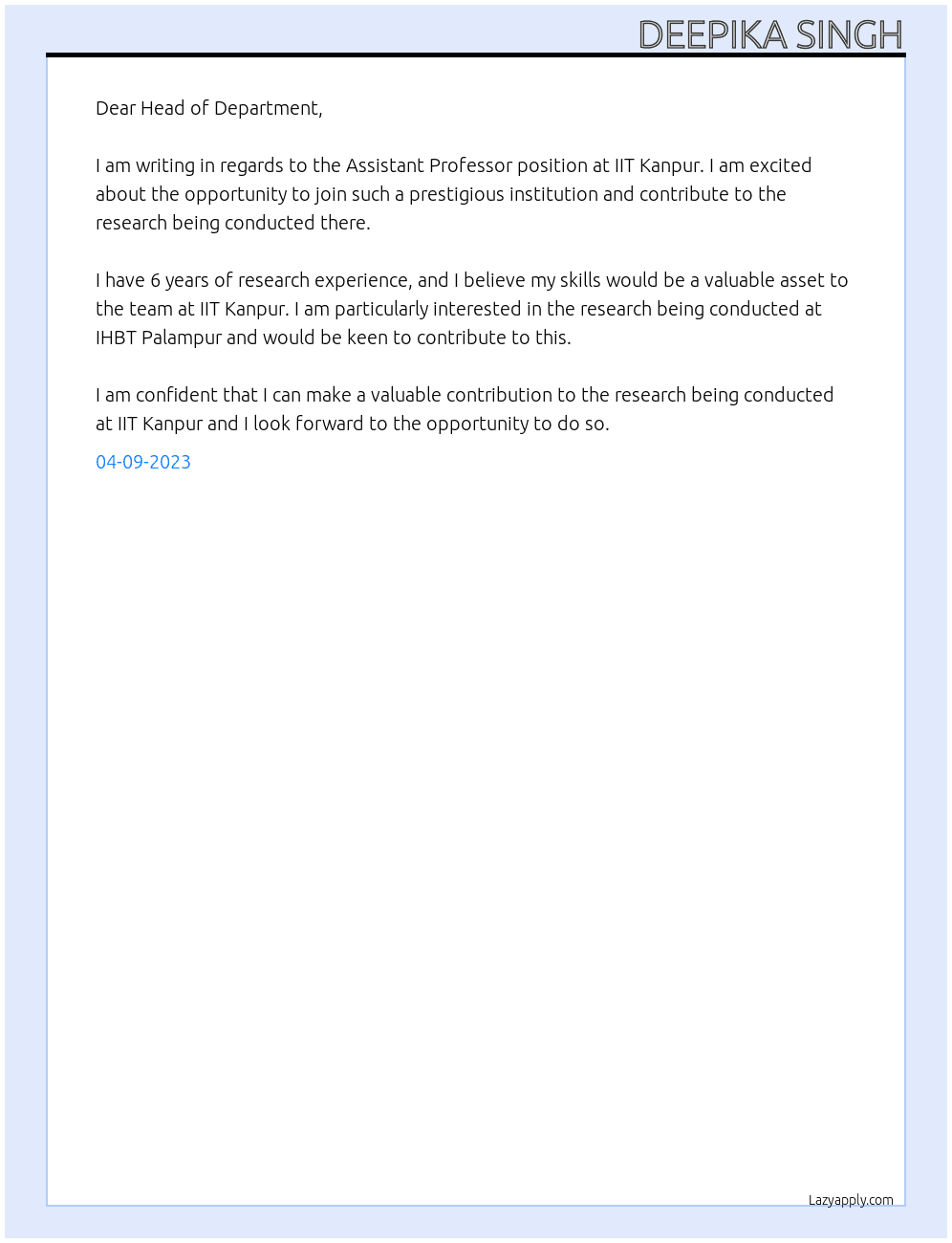 Assistant professor At IIT Kanpur Cover Letter