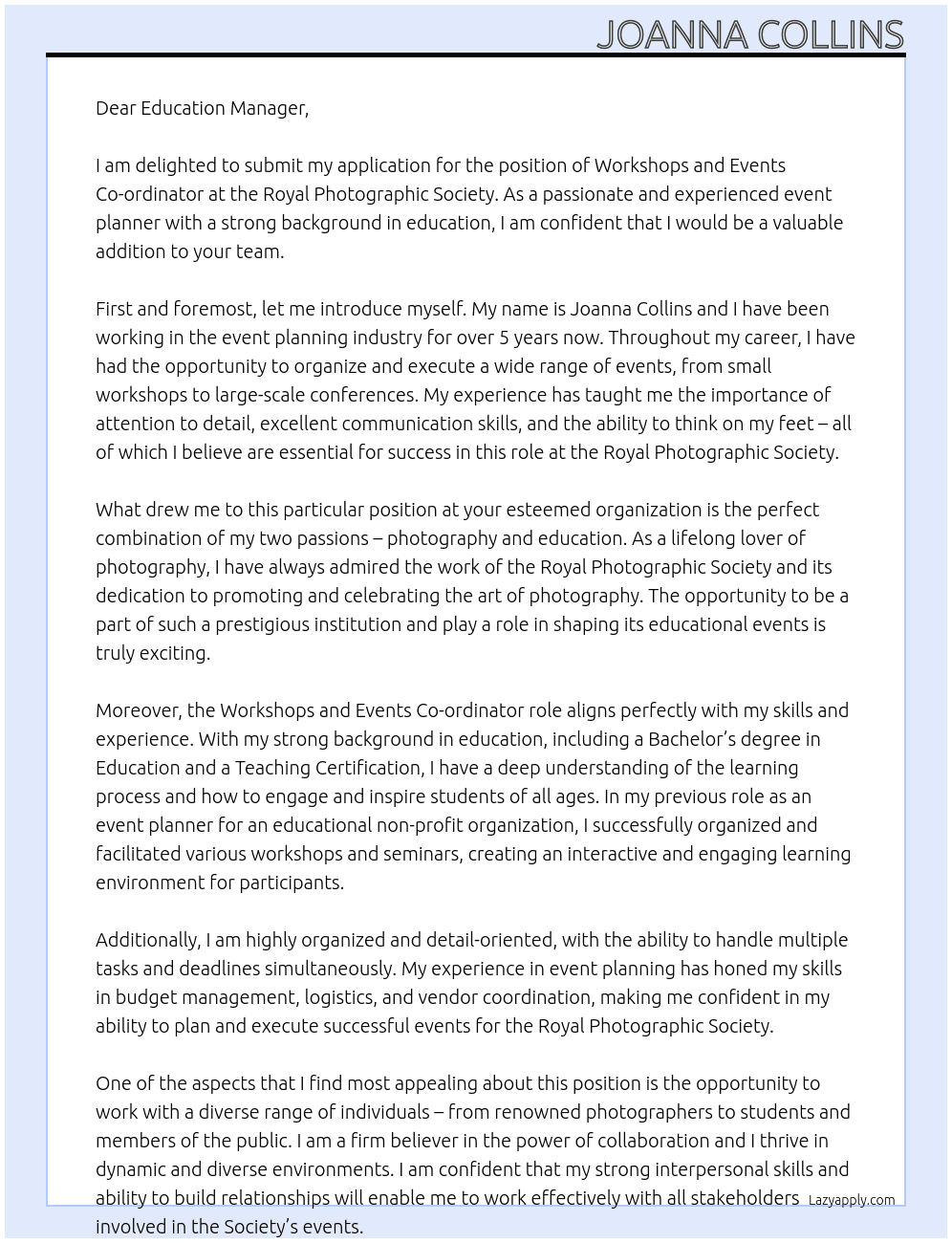 Workshops and Events Co-ordinator At Royal Photographic Society Cover Letter