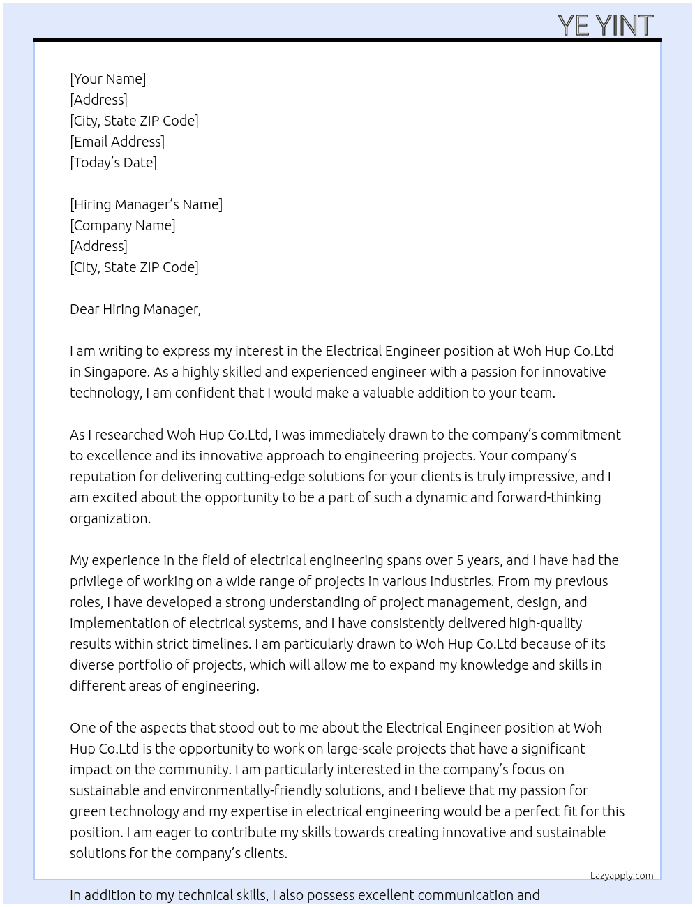 Electrical Engineer  At Woh Hup Co.Ltd  Cover Letter