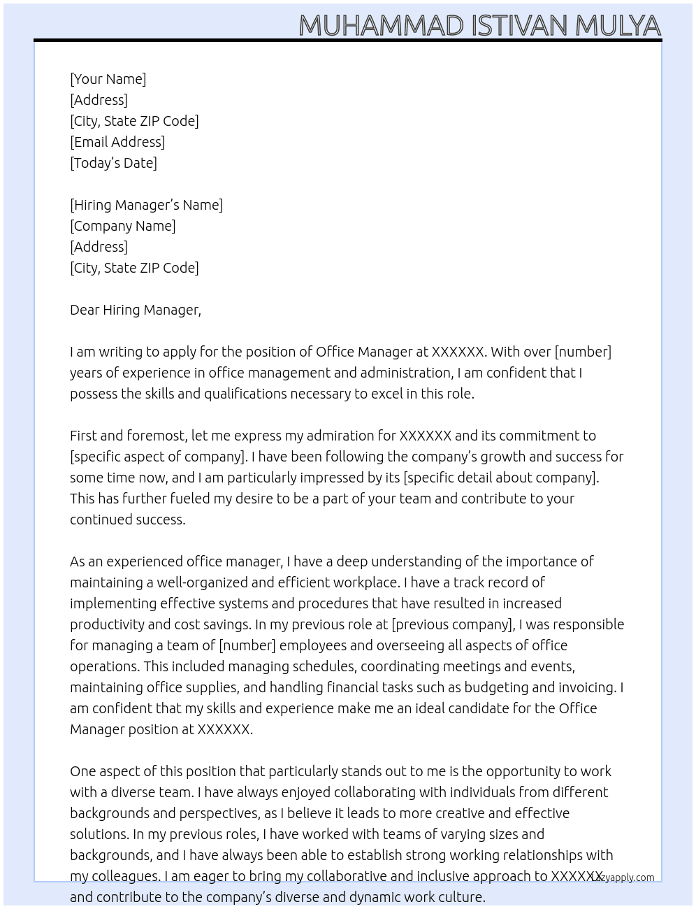 Office Manager At XXXXXX Cover Letter