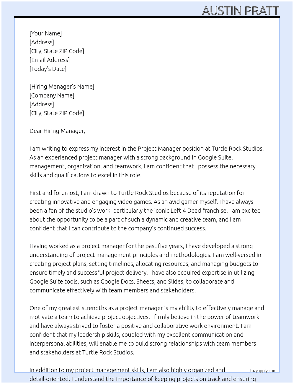 Project manager At Turtle Rock Studios Cover Letter