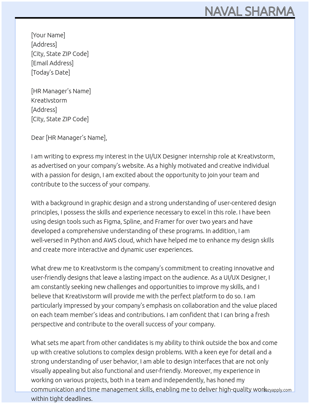 UI/UX Designer At Kreativstorm  Cover Letter