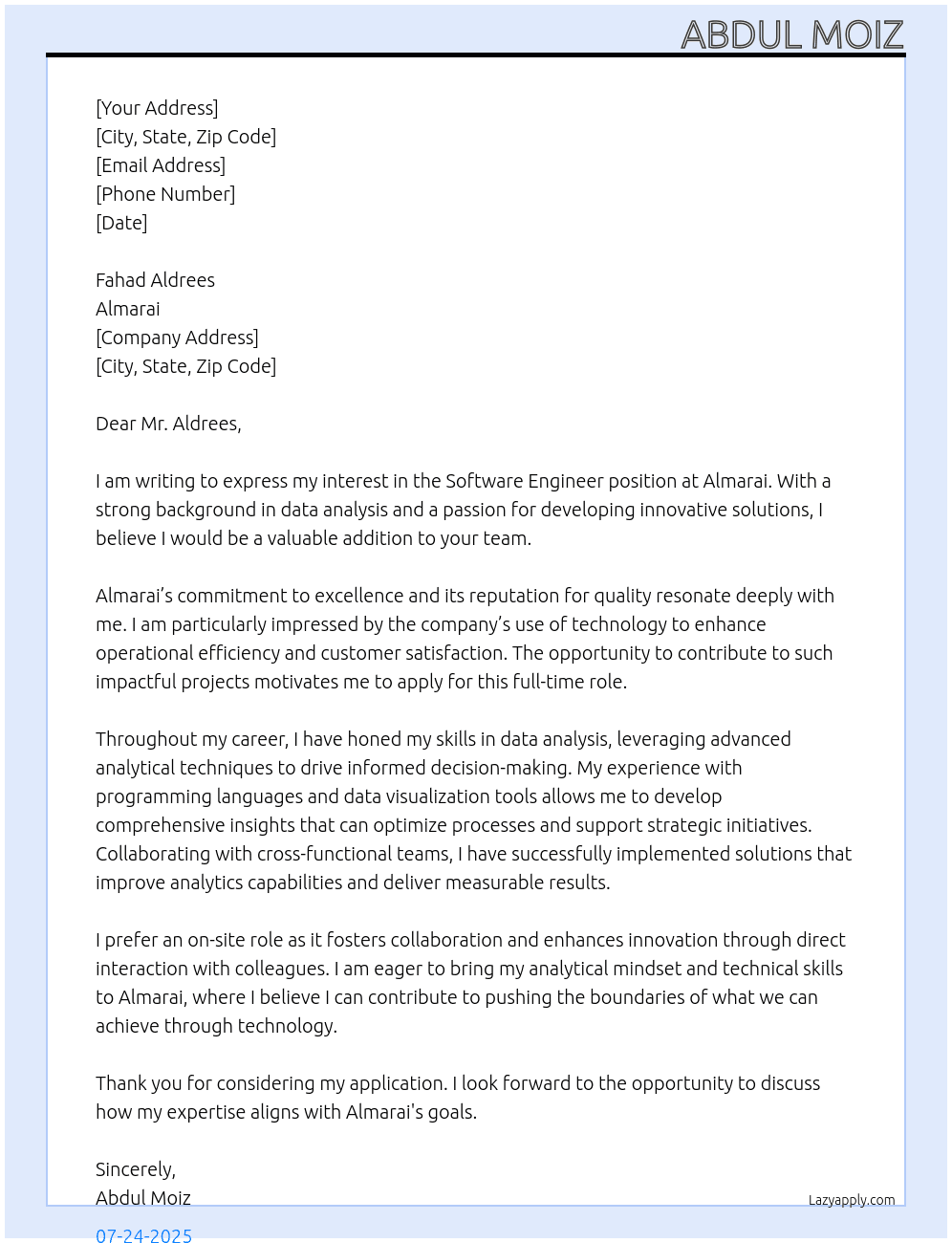 software engineer At almarai Cover Letter
