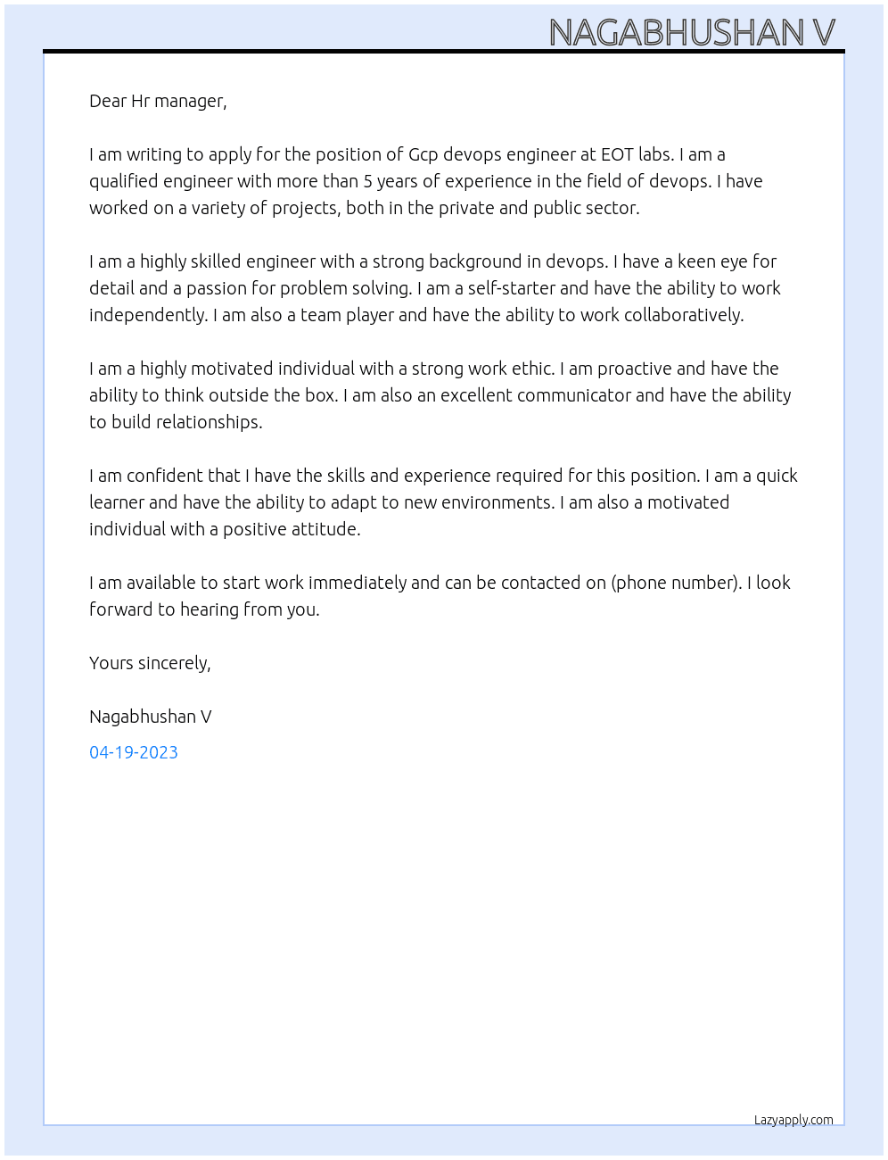 Gcp devops engineer  At EOT labs Cover Letter