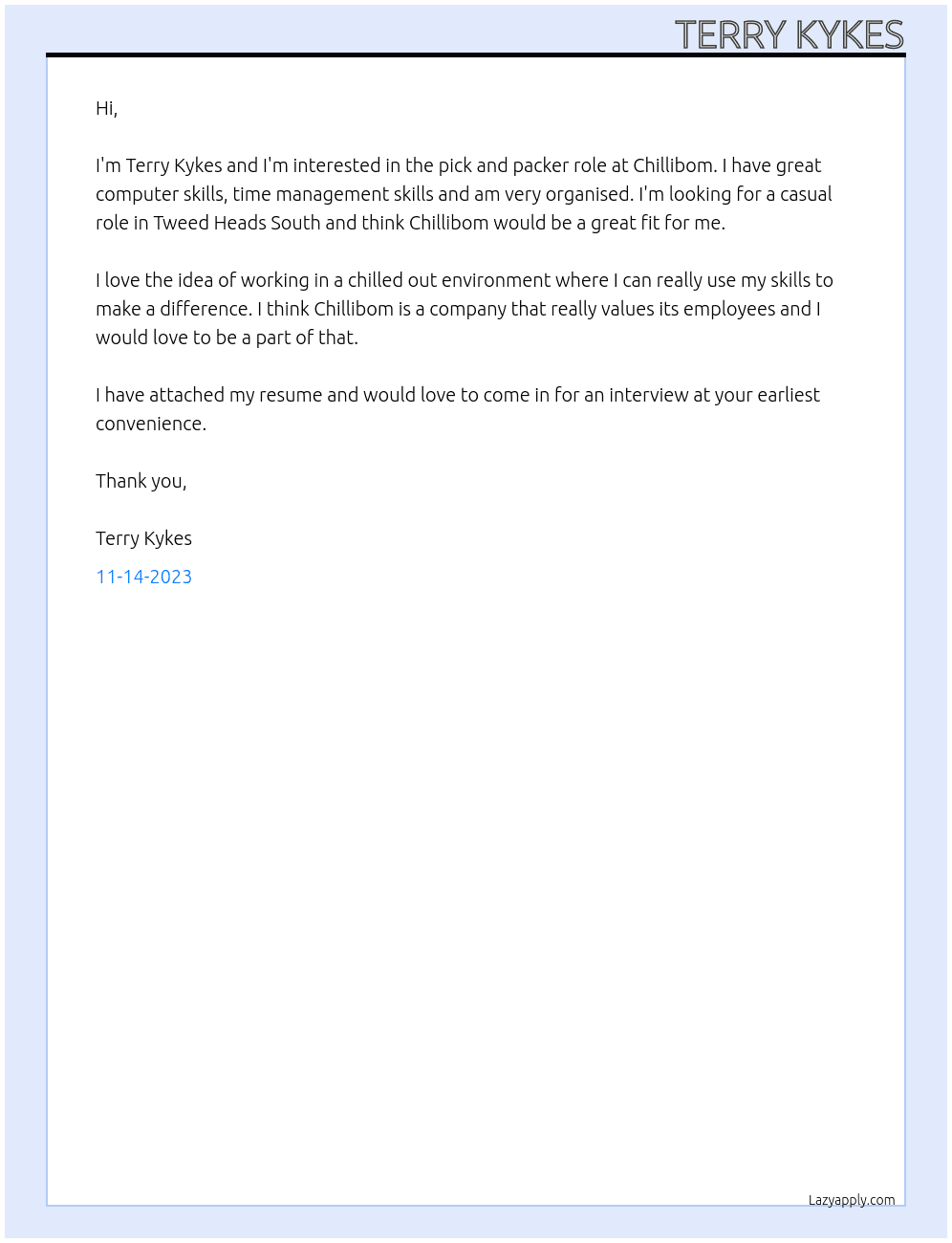 Pick and packer At Chillibom Cover Letter