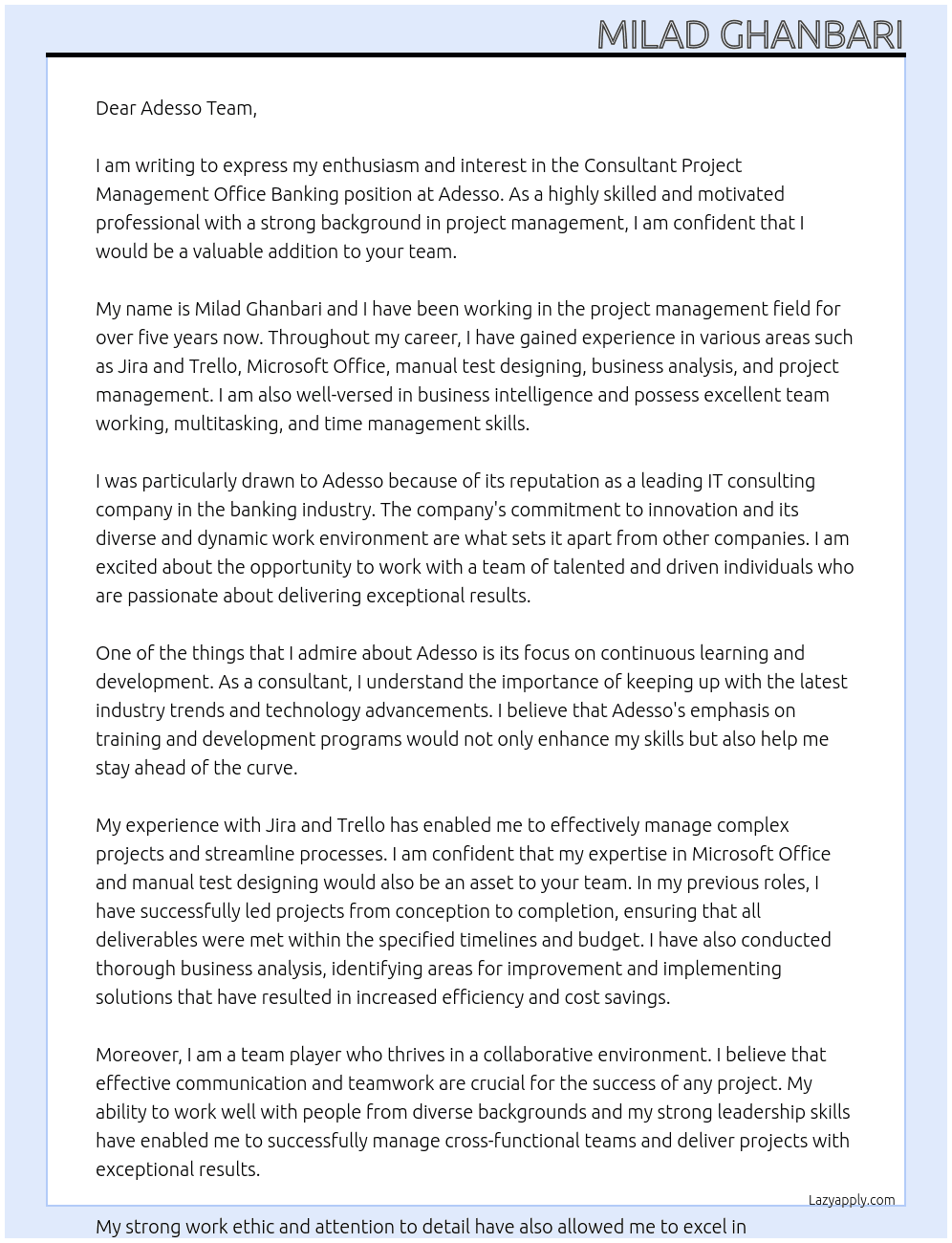 Consultant Project Management Office Banking At Adesso Cover Letter