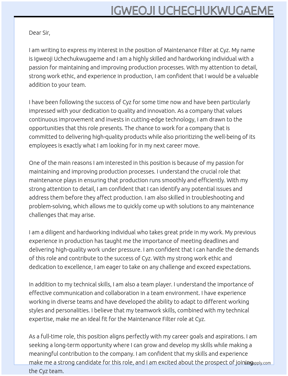Maintaince Filter At Cyz Cover Letter