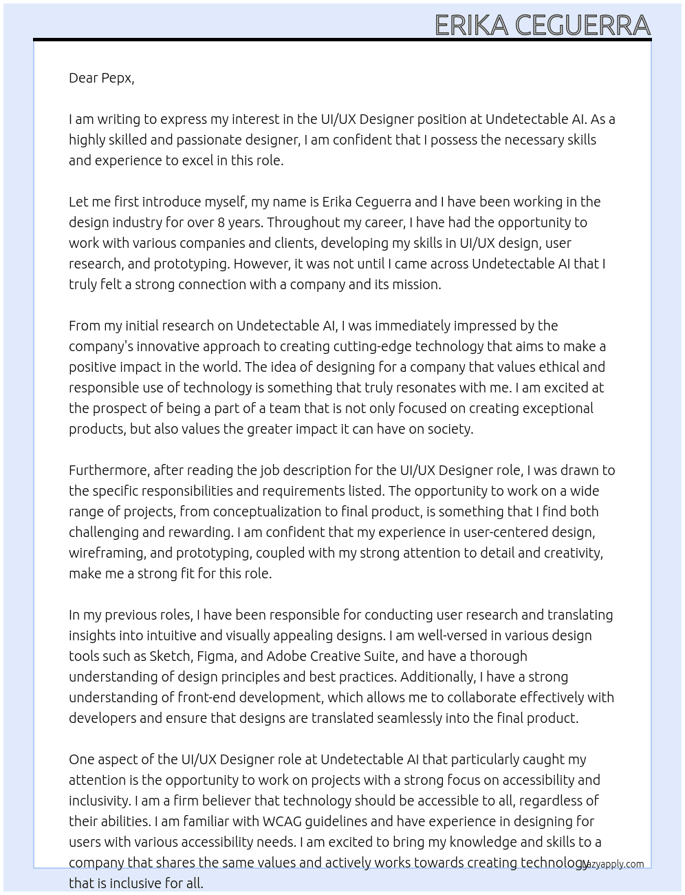 UI/UX Designer At Undetectable AI Cover Letter
