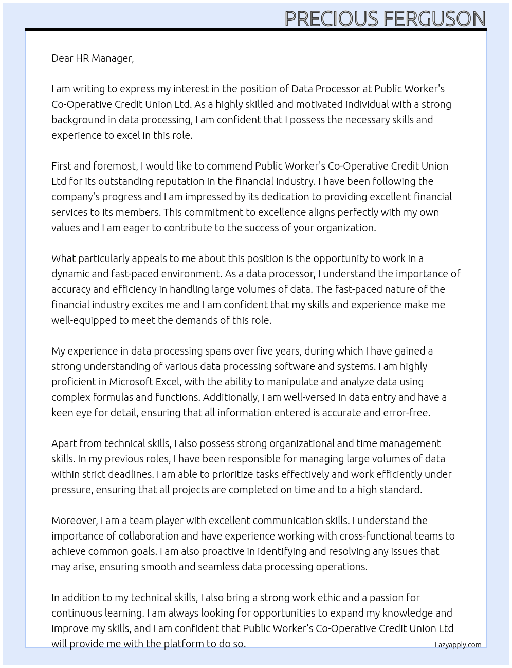 data processor At public worker's co-operative credit union ltd Cover Letter