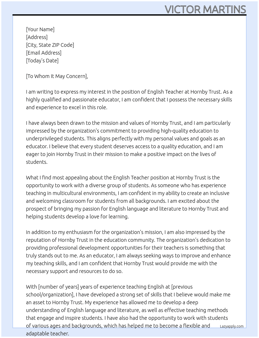 English teacher  At Hornby Trust Cover Letter