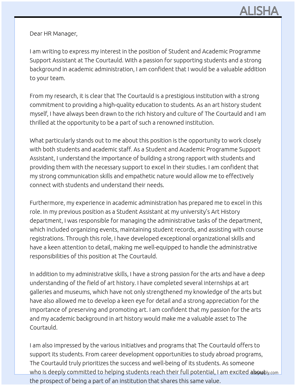 Student and Academic Programme Support Assistant At The Courtauld  Cover Letter