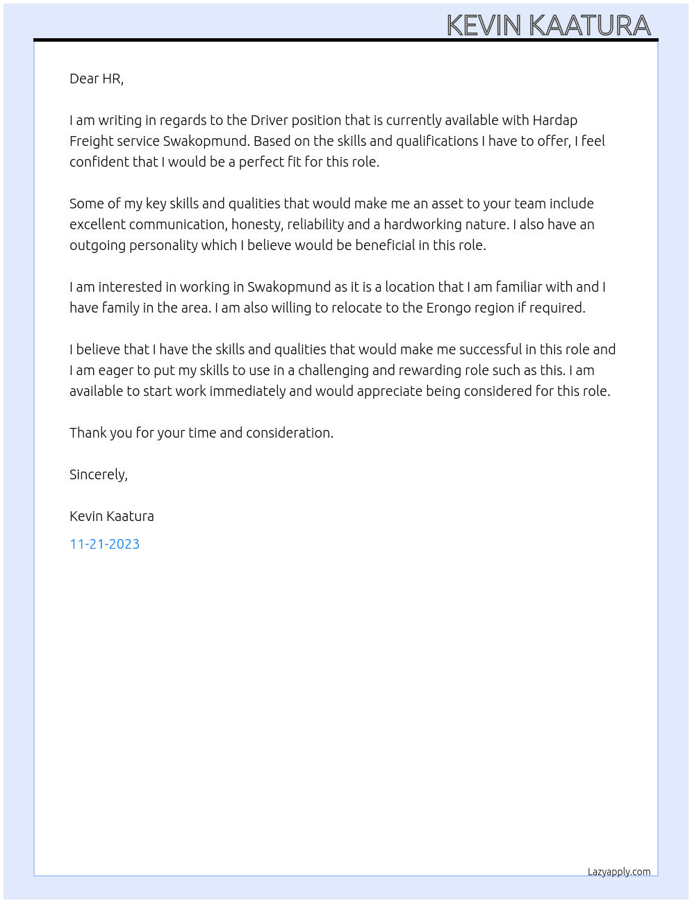 Driver  At Hardap Freight service Swakopmund  Cover Letter