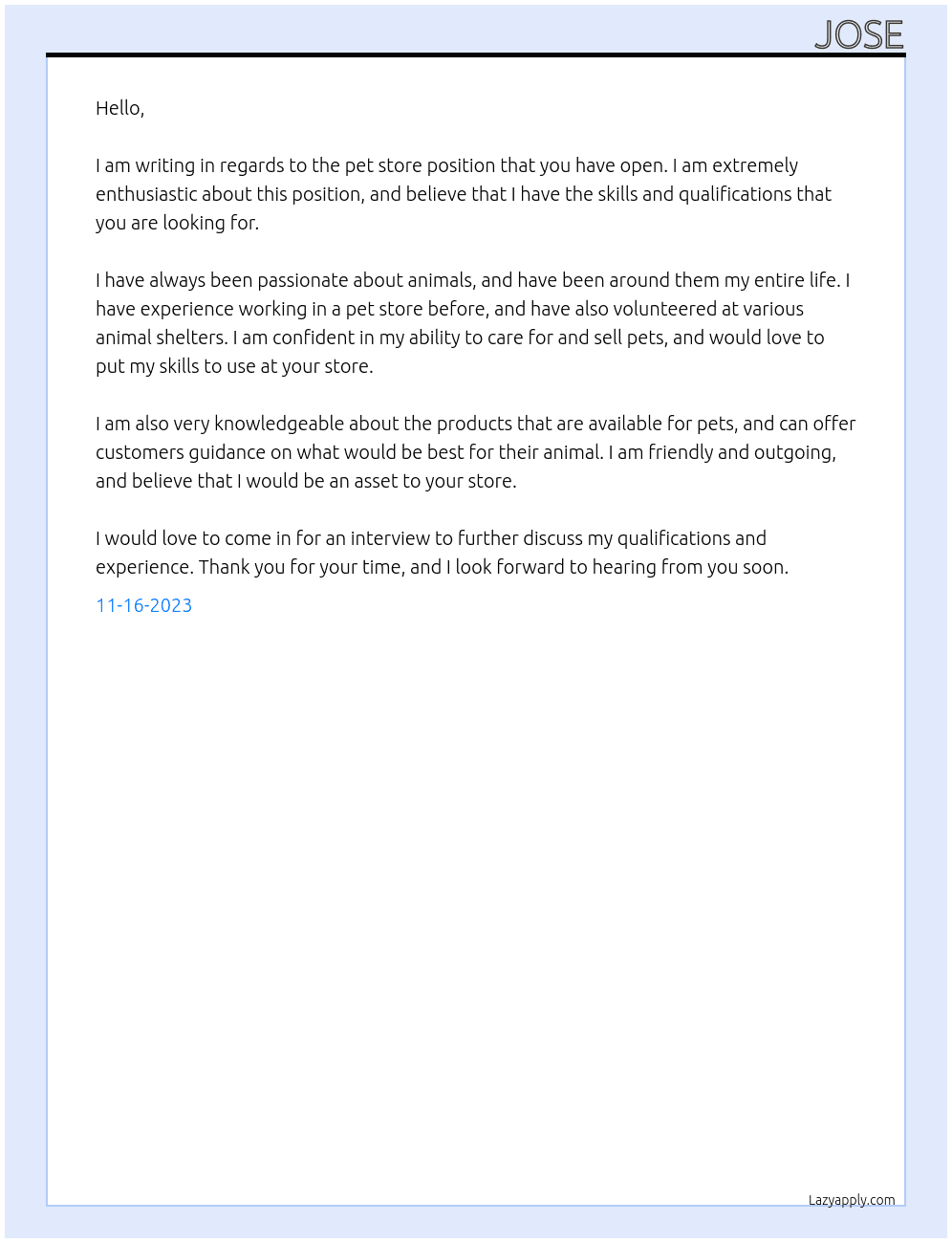 pet store At home + hound Cover Letter