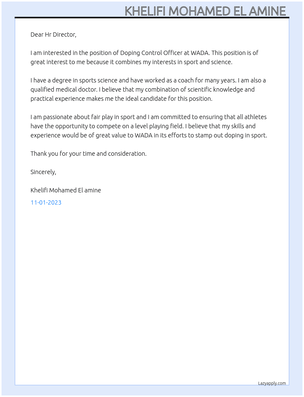 Doping control officer At WADA Cover Letter