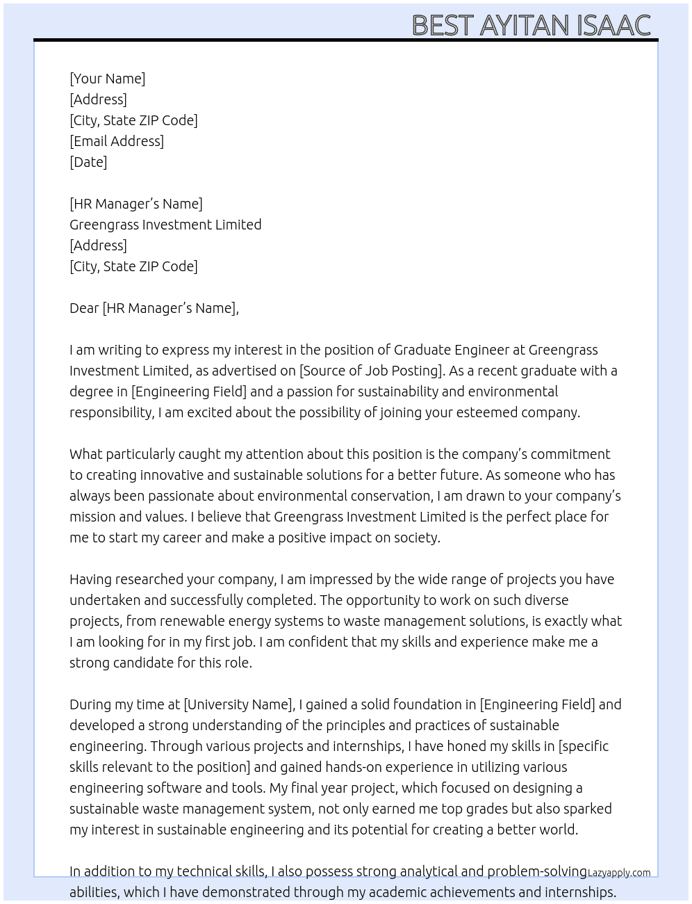 Graduate engineer  At Greengrass Investment Limited Cover Letter