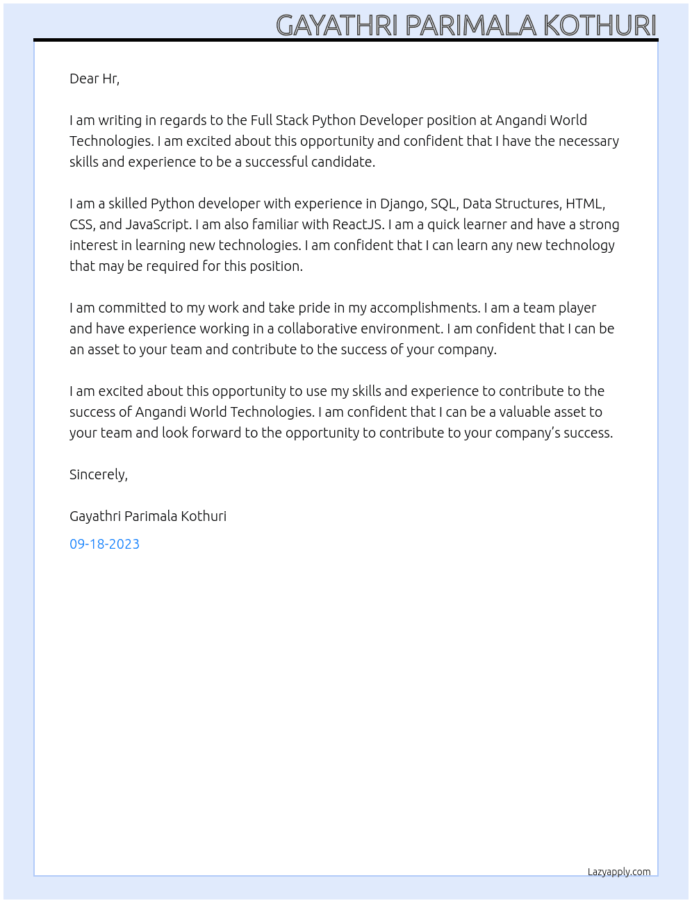 Full Stack Python Developer  At Angandi World Technologies  Cover Letter