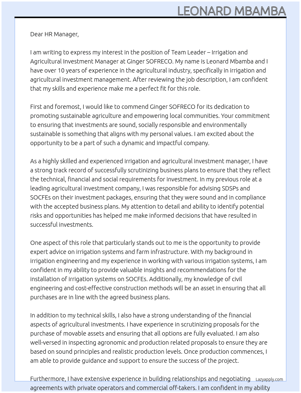 Team Leader – Irrigation and Agricultural Investment Manager At Ginger SOFRECO Cover Letter