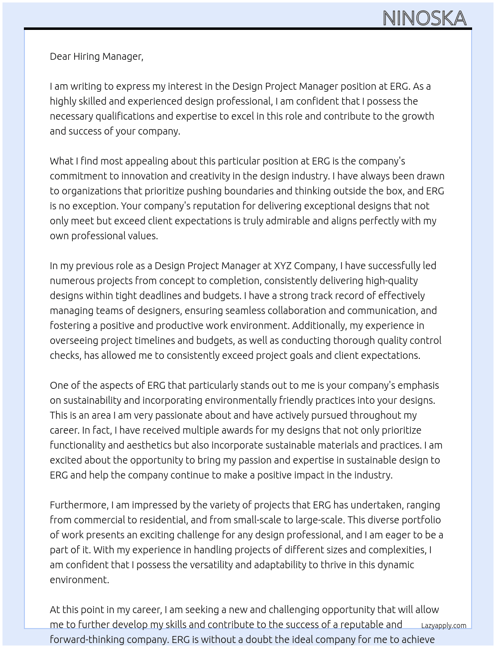 Design Project Manager At ERG Cover Letter