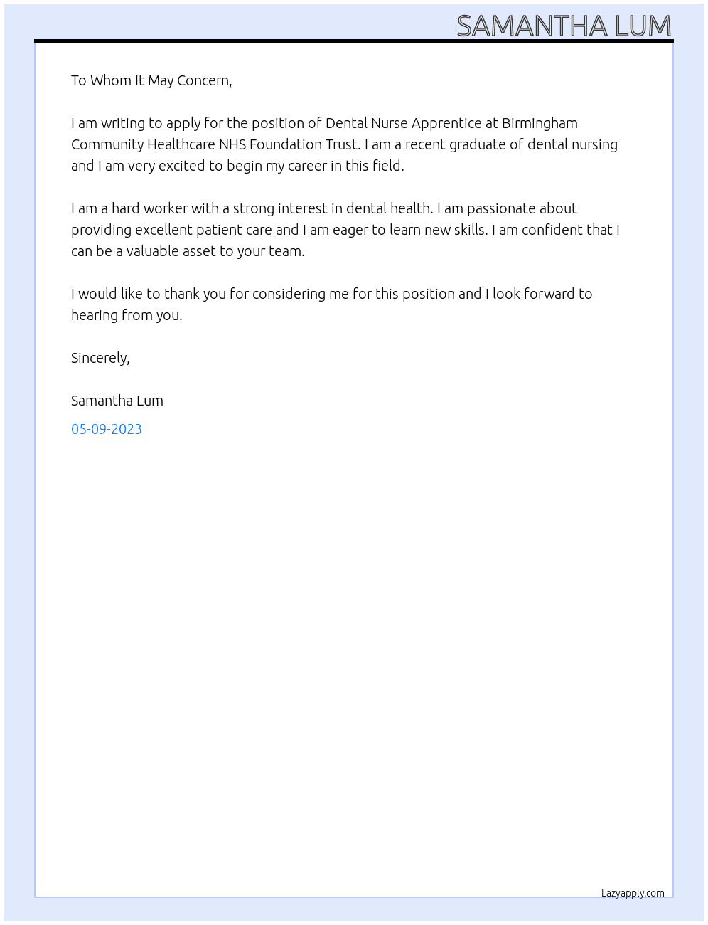 Dental Nurse Apprentice At Birmingham Community Healthcare NHS Foundation Trust Cover Letter