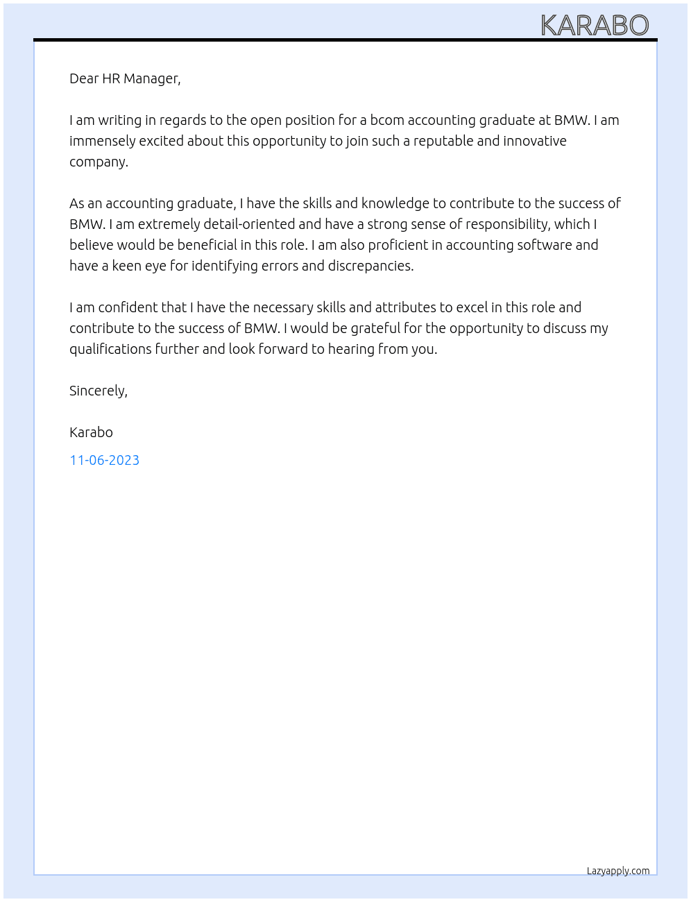 bcom accounting graduate At BMW  Cover Letter