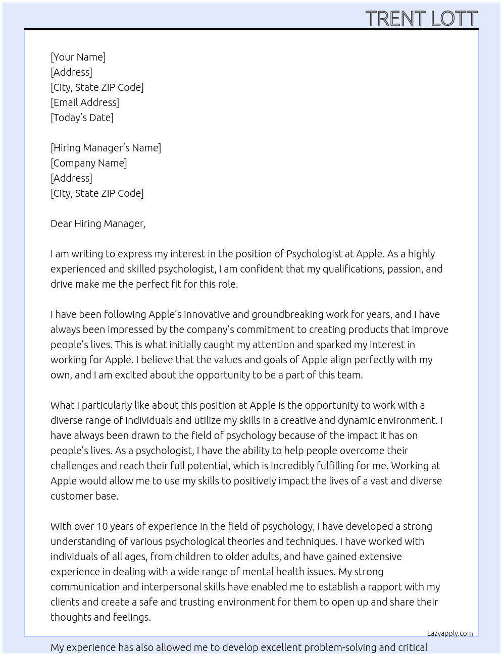 psychologist At apple Cover Letter