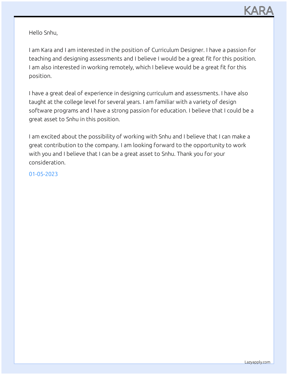 Curriculum designer  At Snhu Cover Letter