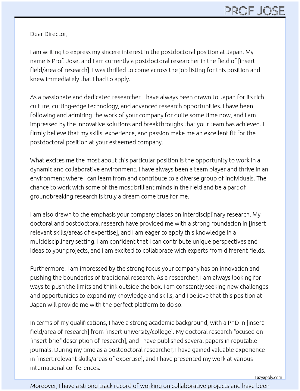 postdoctral position  At Japan Cover Letter