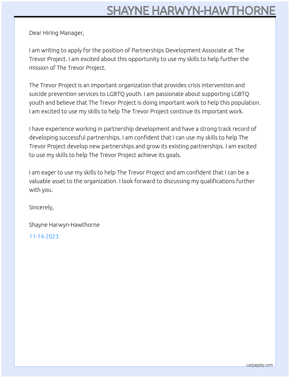Partnerships Development Associate At The Trevor Project Cover Letter