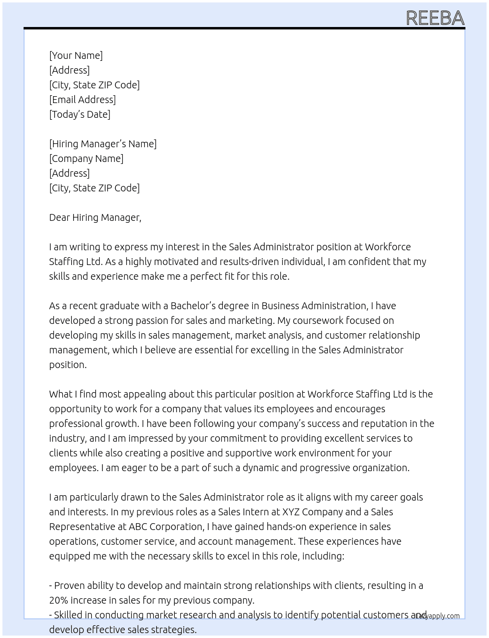 Sales Administrator At Workforce Staffing Ltd  Cover Letter