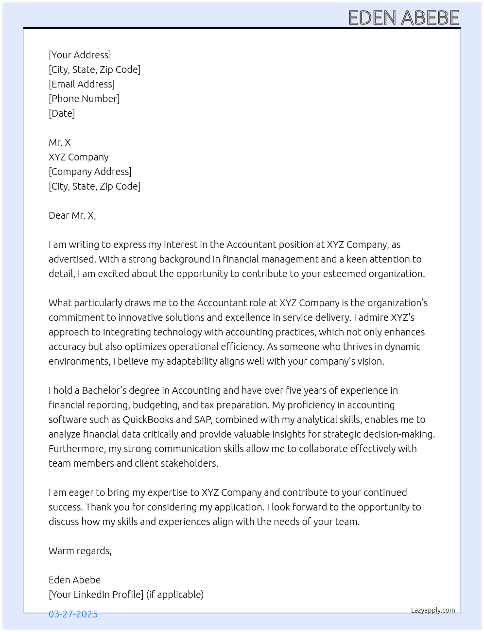 Accountant  At Xyz company Cover Letter