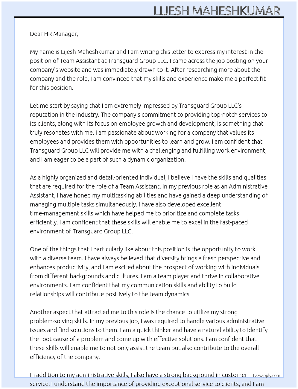 TEAM ASSISTANT  At TRANSGUARD GROUP LLC Cover Letter