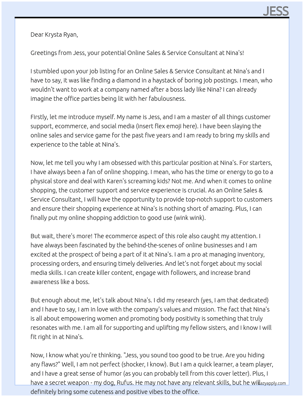 Online Sales & Service Consultant At Nina's Cover Letter