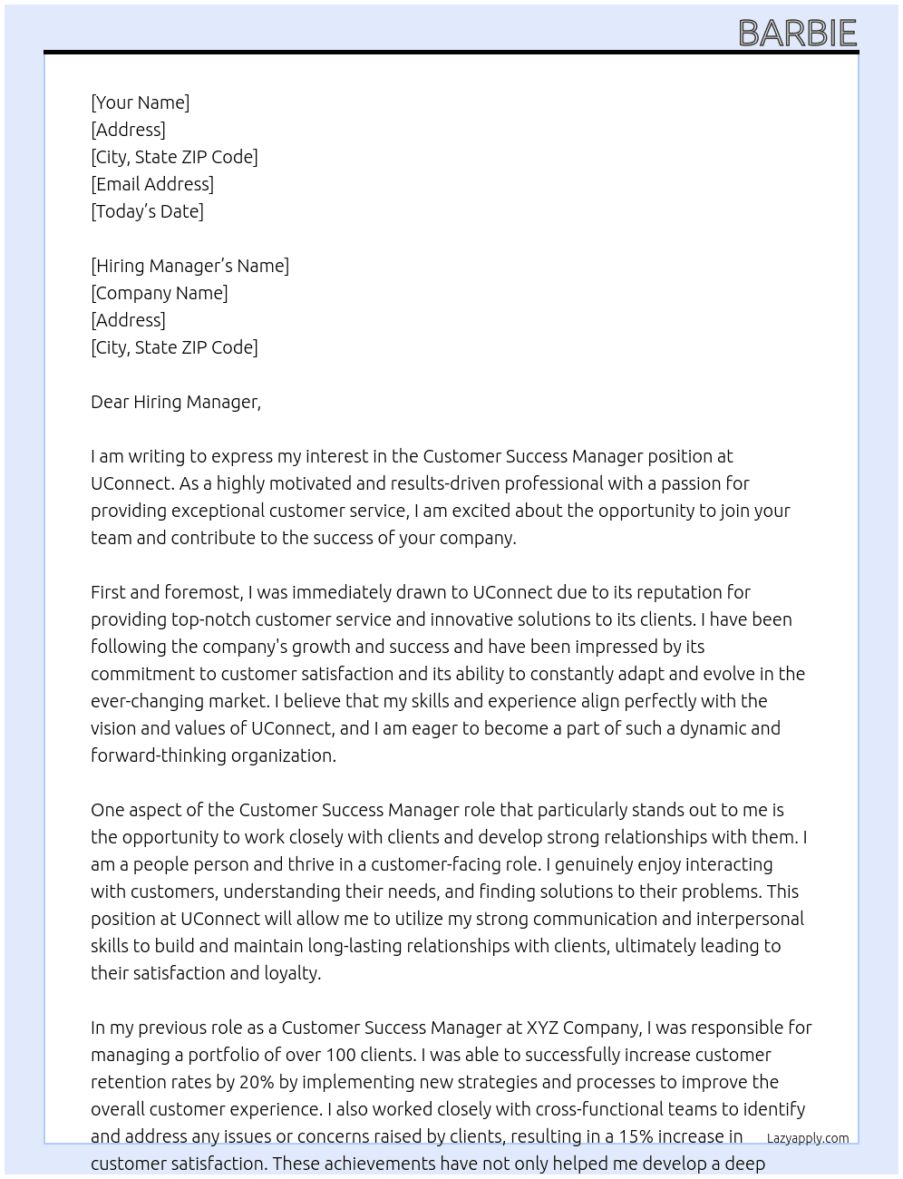 Csutomer Succes Manager At UConnect Cover Letter