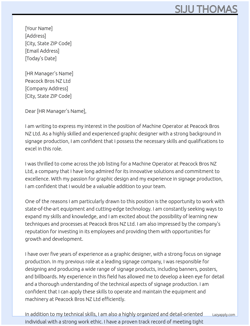 Machine Operator At   Peacock Bros NZ Ltd Cover Letter