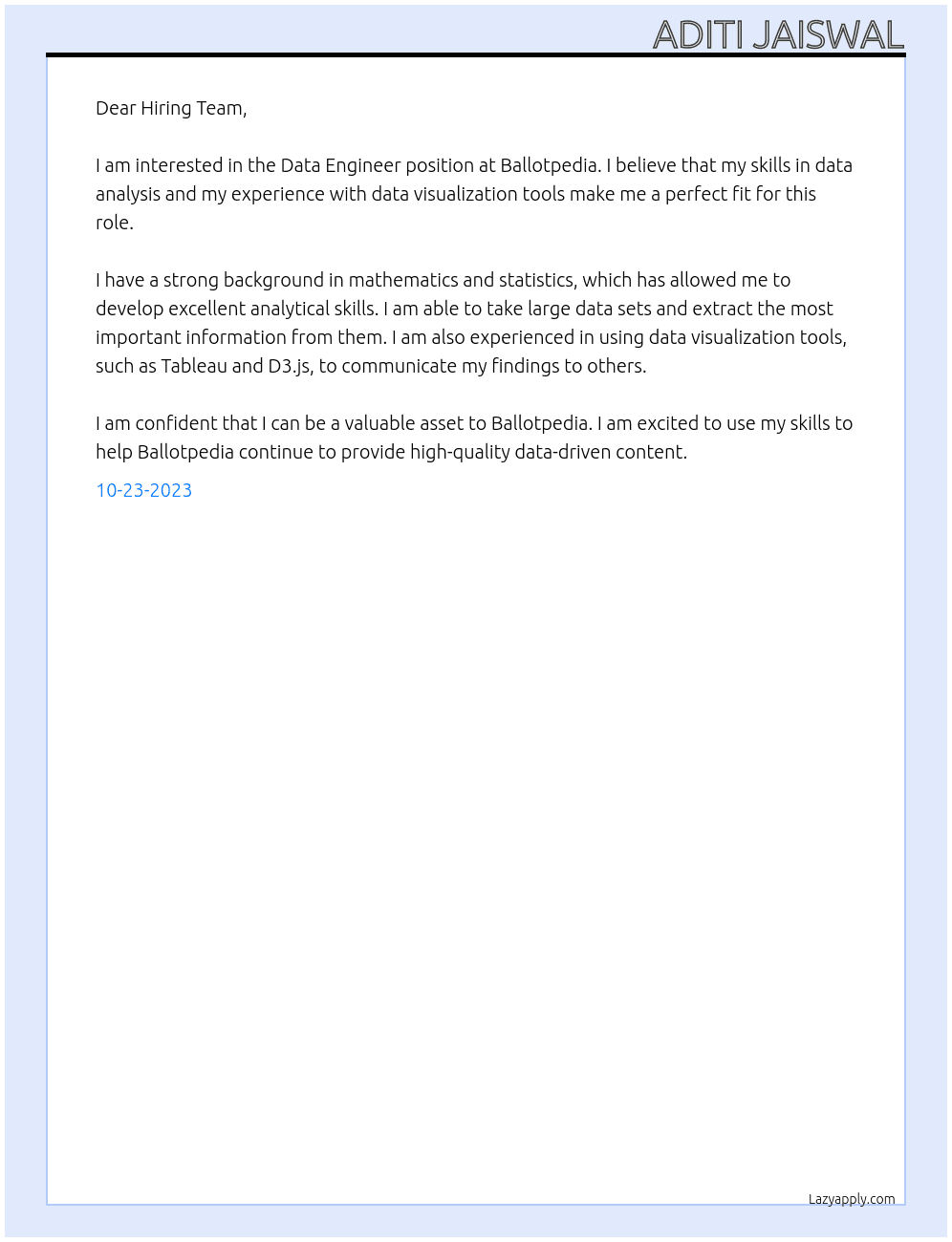Data Engineer At Ballotpedia Cover Letter