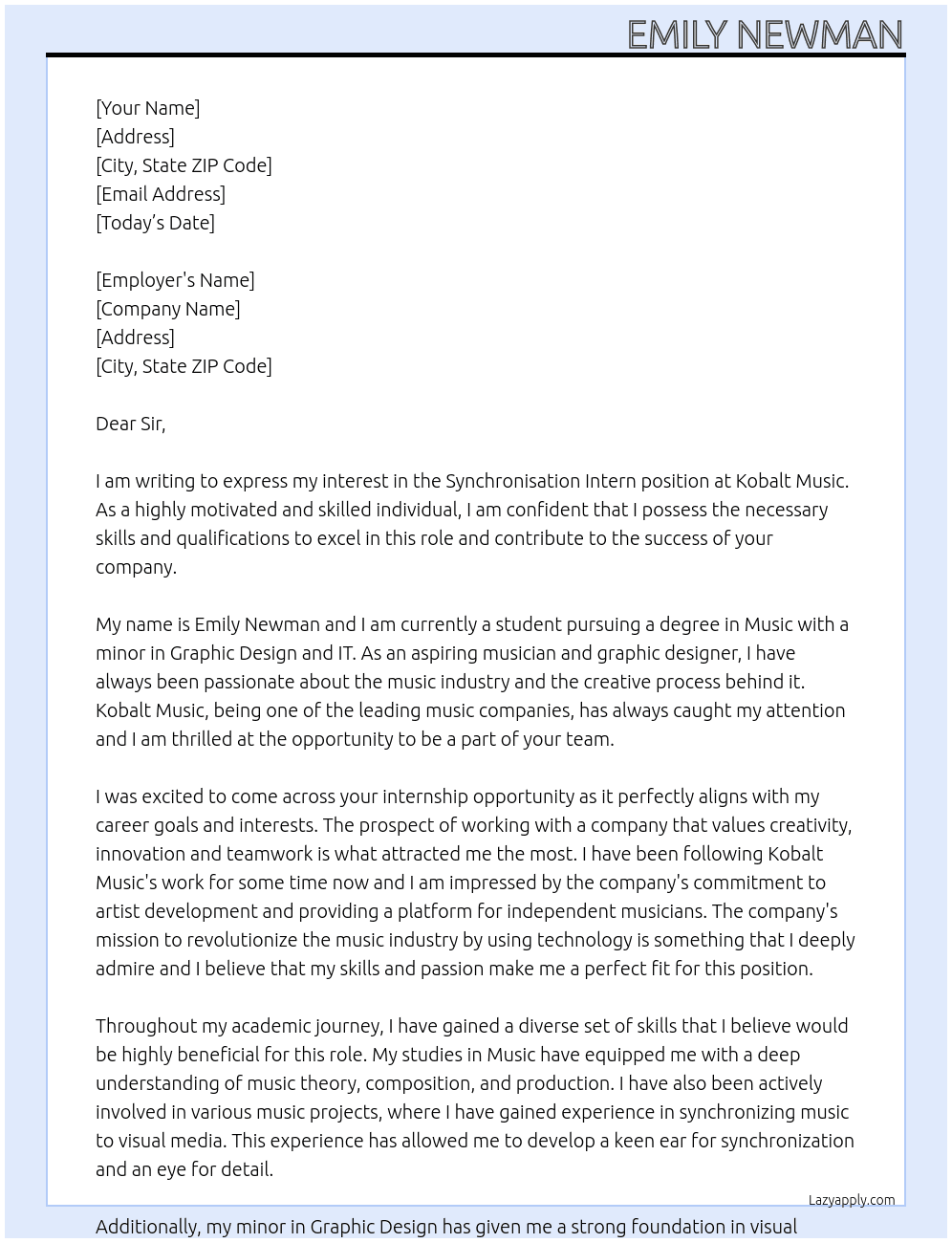 Synchronisation Intern At Kobalt Music Cover Letter