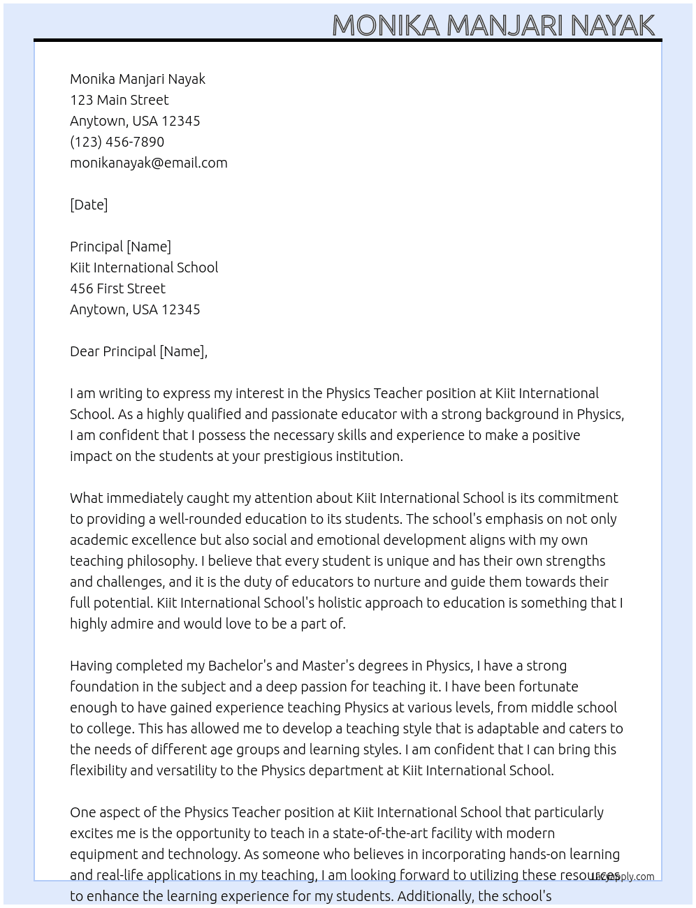 Physics teacher  At kiit international school  Cover Letter
