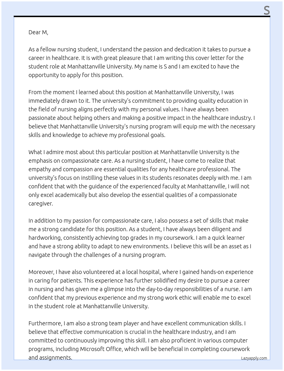 Nursing student At Manhattanville university Cover Letter