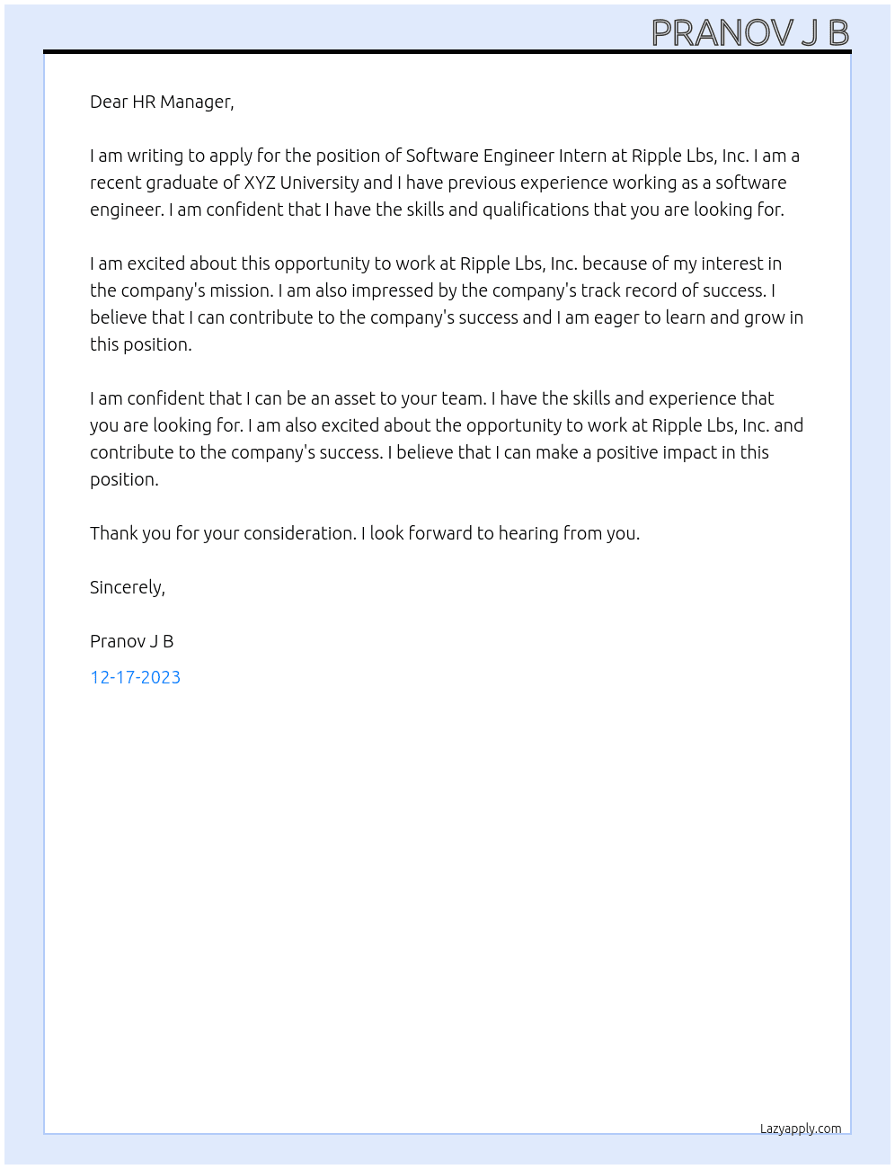 Software Engineer Intern At Ripple Lbs, Inc. Cover Letter