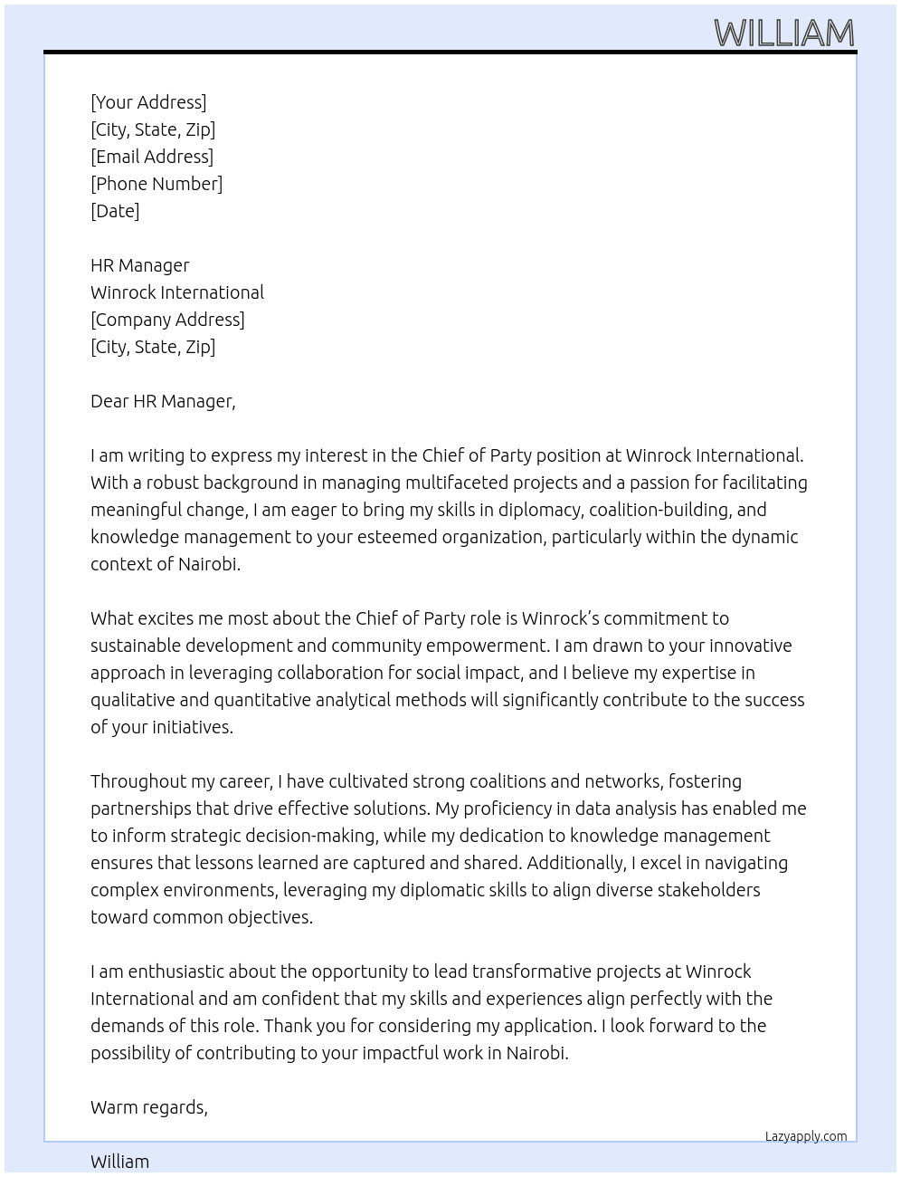 Chief of Party At Winrock International  Cover Letter
