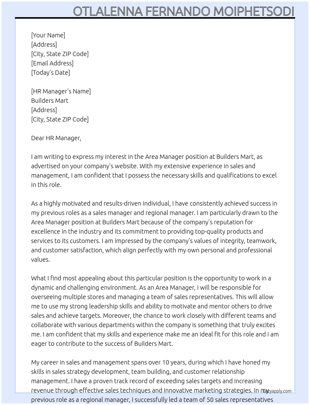 Area Manager At Builders Mart Cover Letter