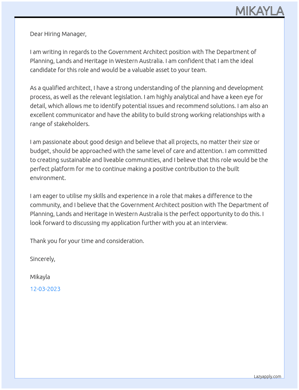 government architect At The Department of Planning, Lands and Heritage in Western Australia Cover Letter