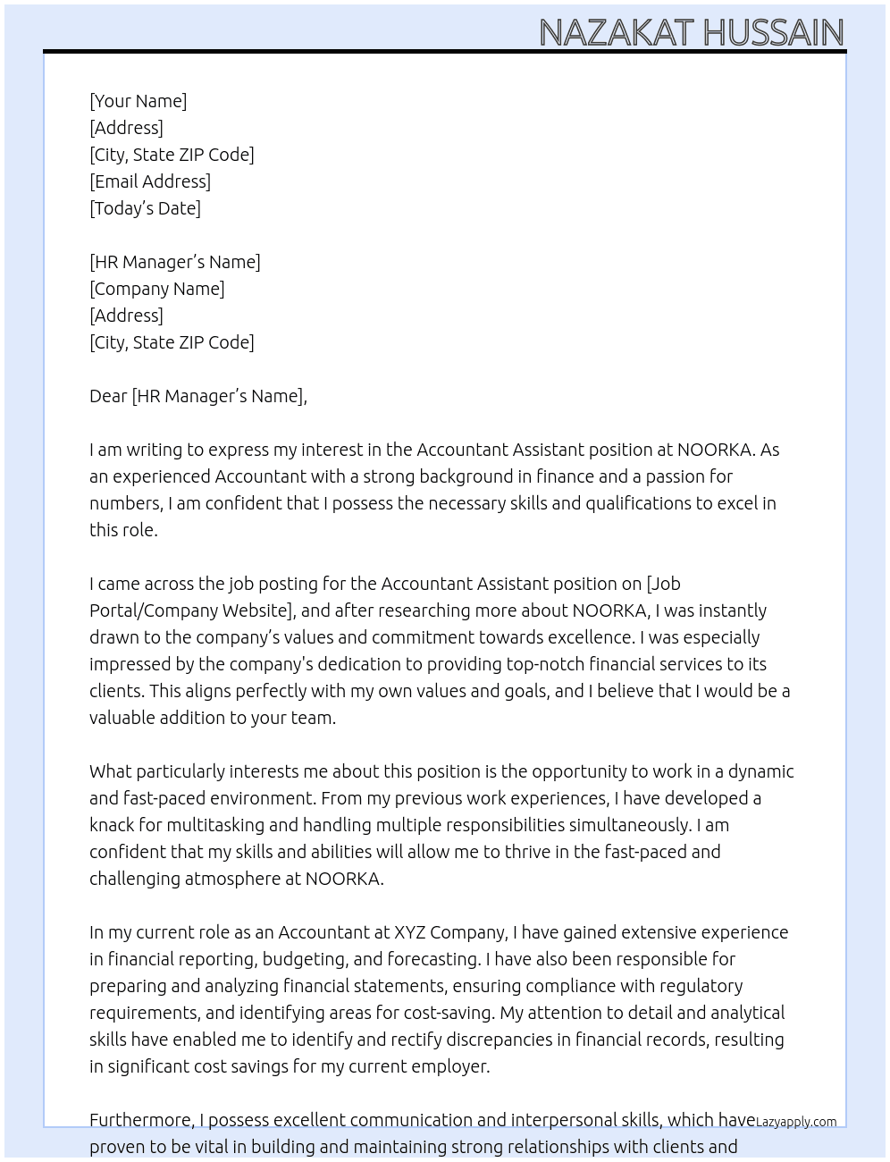 Accountant Asistant  At NOORKA Cover Letter
