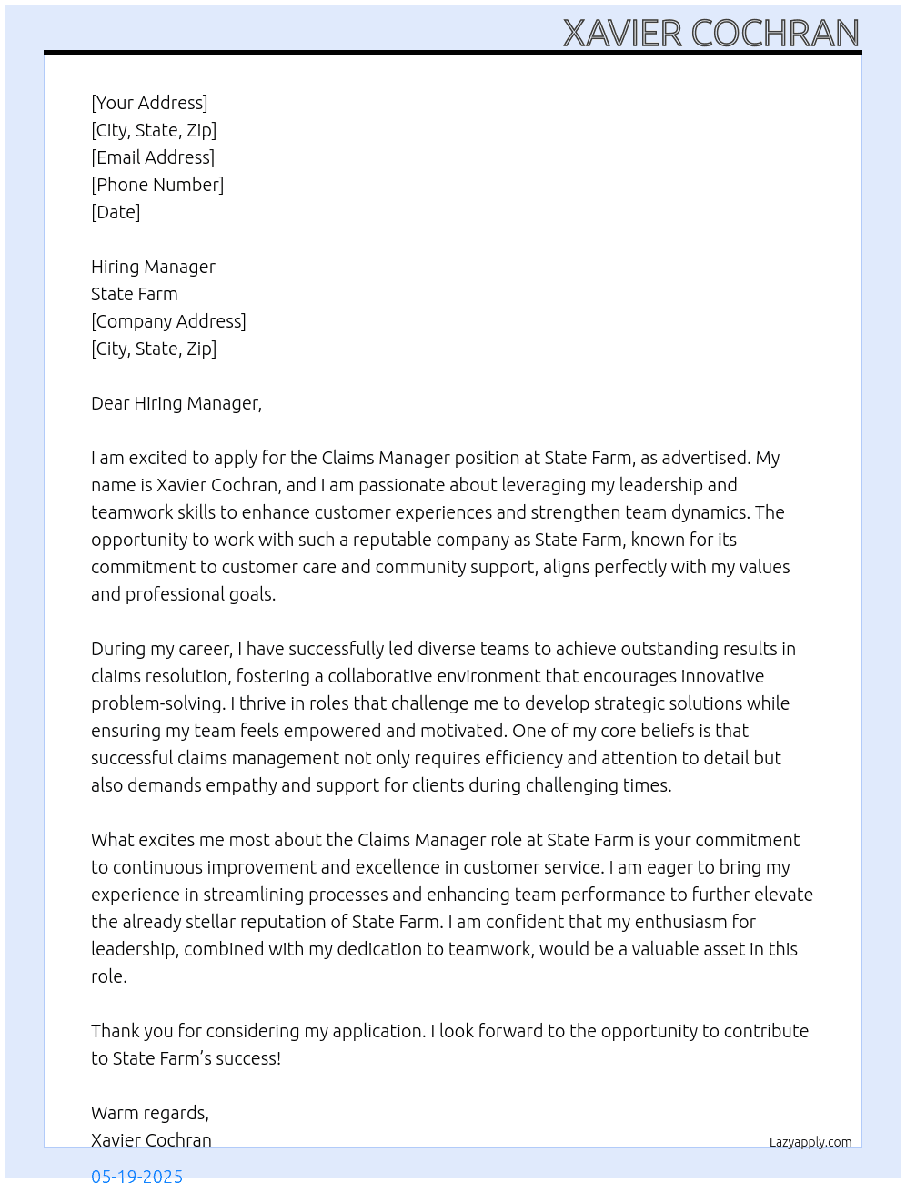 Calims maanager At State Farm Cover Letter