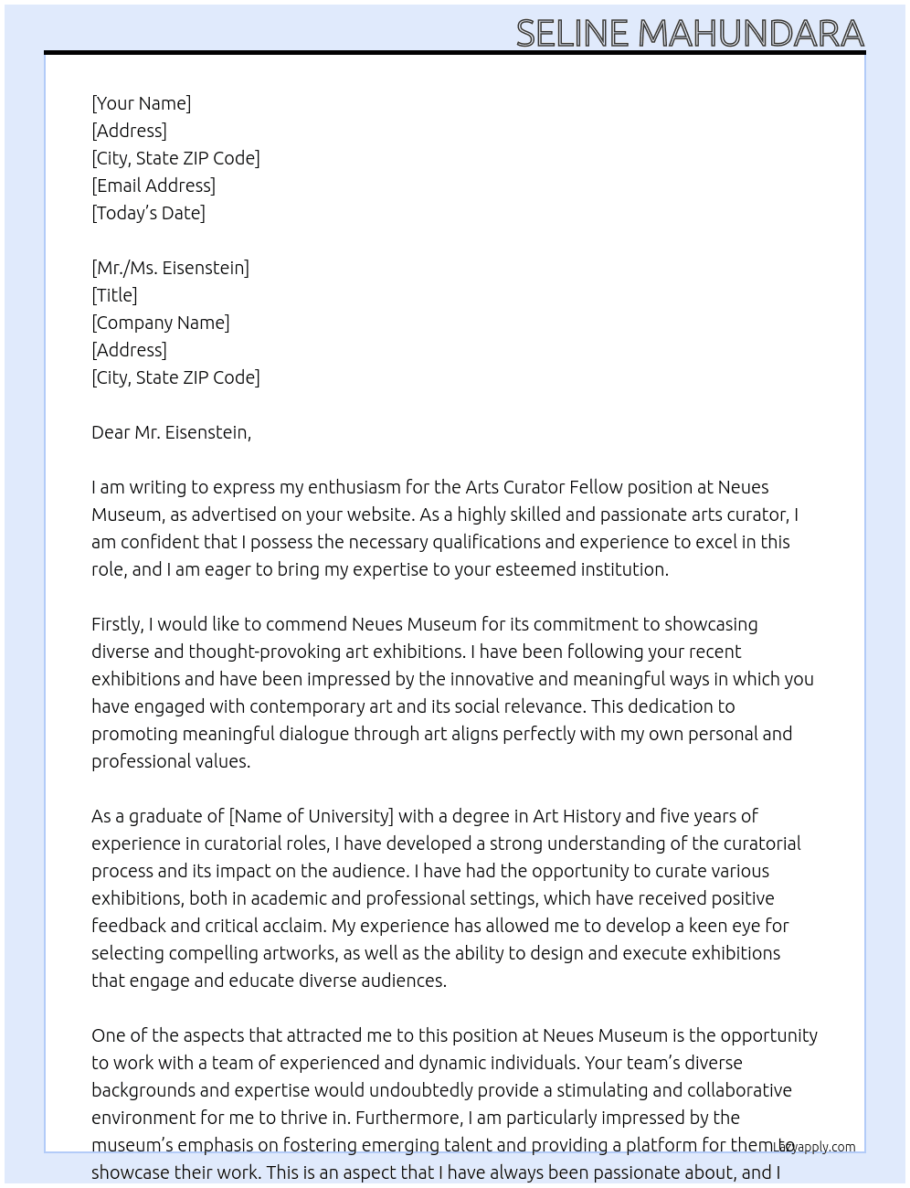 Arts curator fellow At Neues Museum Cover Letter