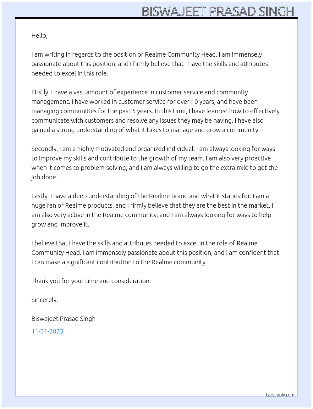 Realme  community  At Realme  Cover Letter