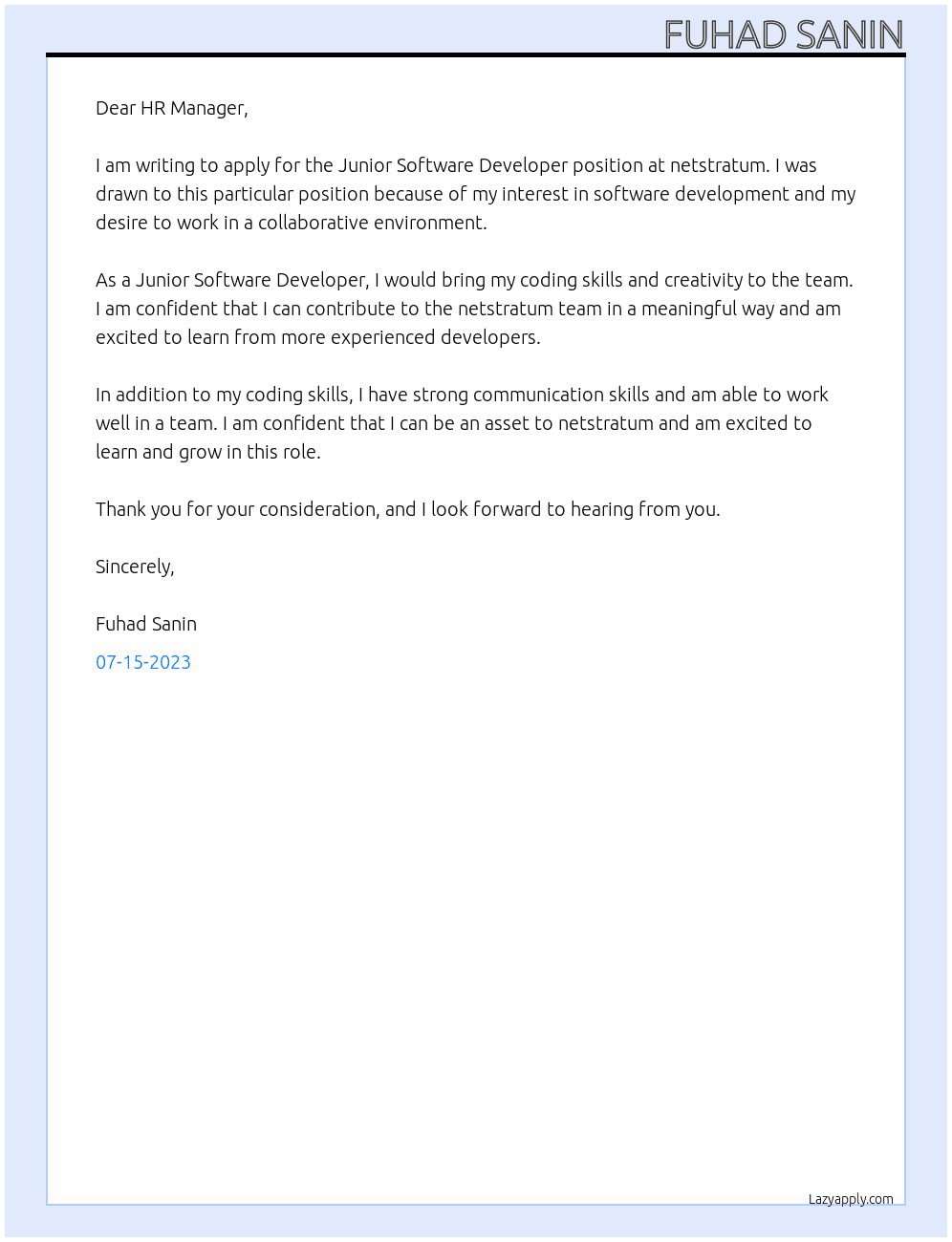 Junior Software Developer At netstratum Cover Letter