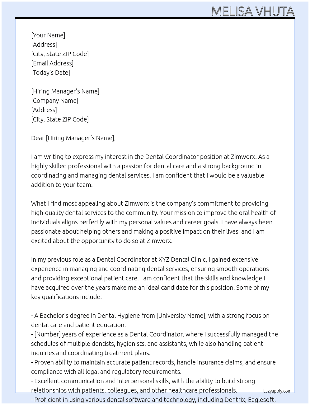 Dental Coordinator  At Zimworx Cover Letter